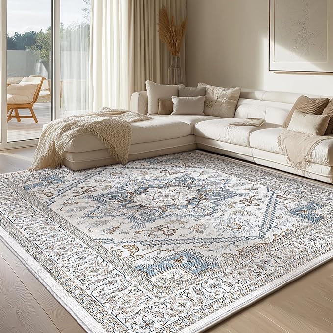 OPPODREAM Thin 6x9 Area Rugs, Neutral Washable Rug 6x9 with Non Slip Backing, Faux Cashmere Low-Pile 6 x 9 Carpet, Cream White & Blue & Light Brown