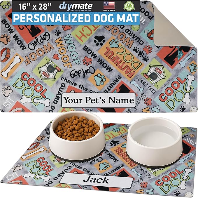 Drymate Personalized Pet Bowl Placemat, Custom Dog & Cat Food Feeding Mat - Absorbent Fabric, Waterproof Backing - Machine Washable/Durable (USA Made) (16" x 28") (Cool Dog - Grey)