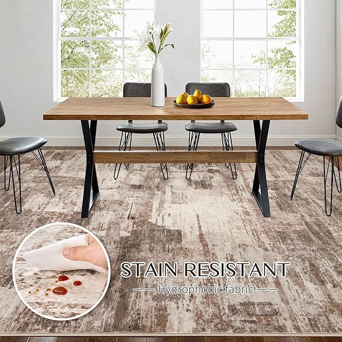 Abstract Living Room Rug 8x10 - Modern Washable Soft Thin Area Rug for Living Room Bedroom Under Dining Table - Neutral Indoor Floor Rug Carpets for Home Office Playroom Nursery - Brown