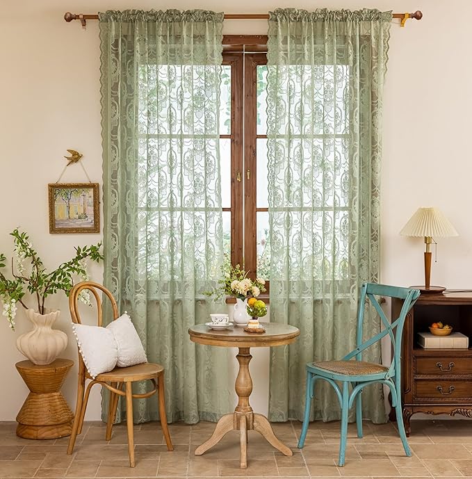 Green Lace French Delicacy Curtains 84 Inches Long -Rod Pocket Luxury Vintage Bow Butterfly Sheer Flower Lace Curtains for Living Room Bedroom，52 x 84 Inch, 2 Panels