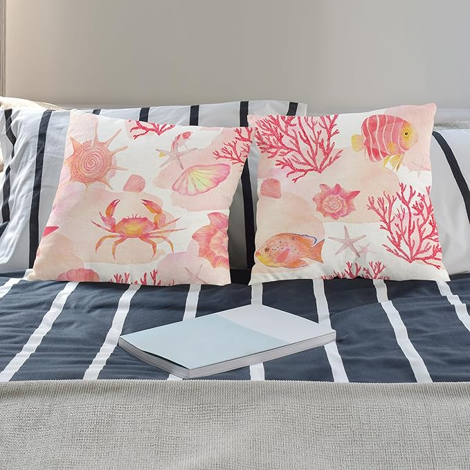 Pink Coastal Beach Pillow Covers 18x18 Set of 2, Beachy Room Decor Aesthetic, Ocean Coral Crab Fish Seashell Coastal Decorative Throw Pillow Covers for Home Bedroom Living Room