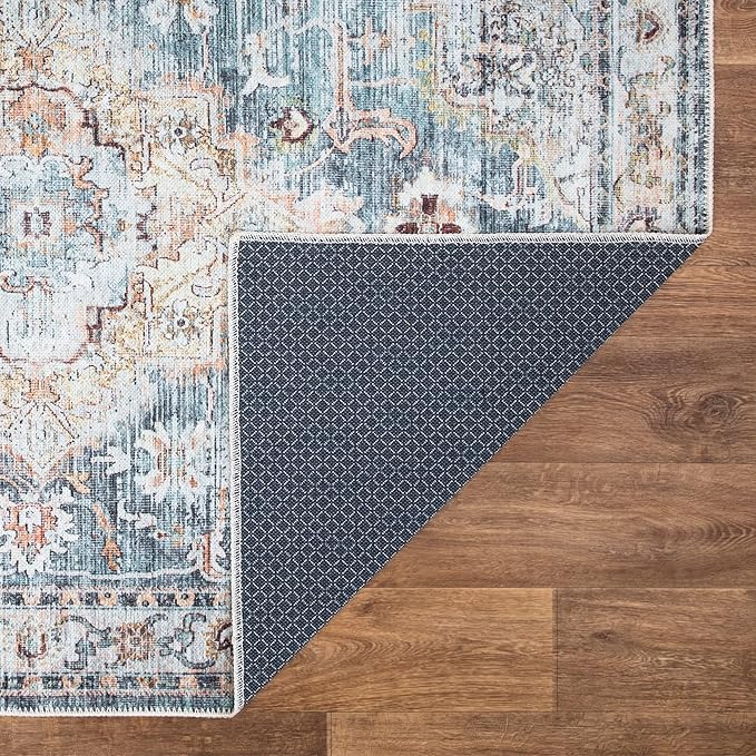 Bloom Rugs Washable Non-Slip 5' x 7' Rug - Teal/Peach Traditional Area Rug for Living Room, Bedroom, Dining Room, and Kitchen - Exact Size: 5' x 7'