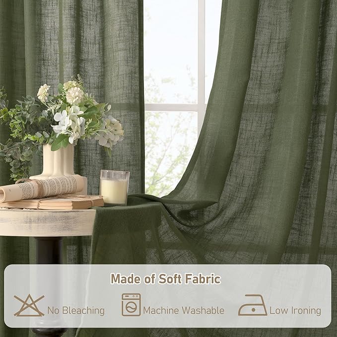 LAMIT Light Filtering Linen Curtains 63 inches Long for Bedroom, Linen Textured Semi Sheer Back Tab and Rod Pocket Olive Green Boho Christmas Drapes for Living Room, 2 Panels, 60 x 63 Inch
