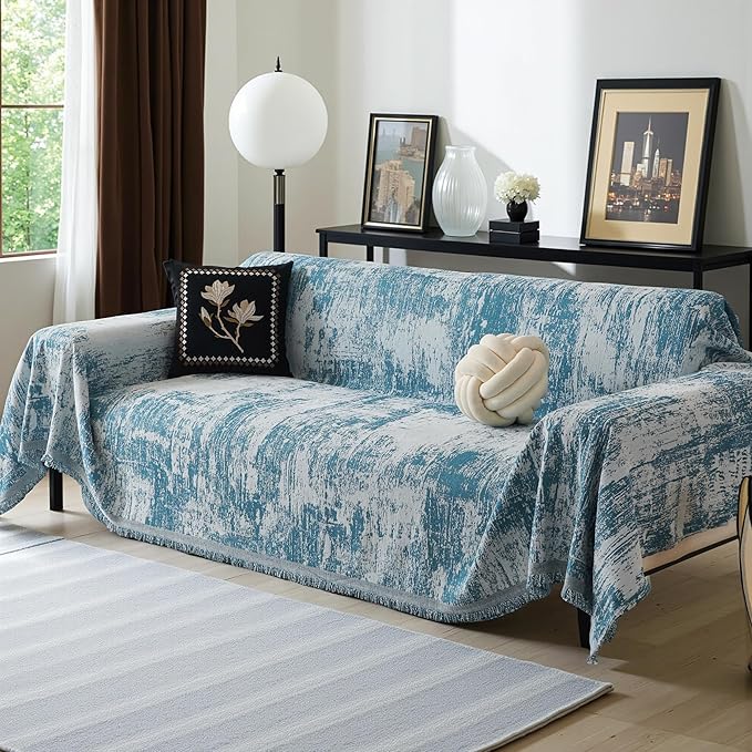 MEETSKY Boho Couch Cover for Dogs Washable Blue Abstract Couch Sofa Protector for Love seat Sofa Pets Friendly, Chenille Geometric Sofa Covers Soft Durable Modern Sofa Slipcovers, 71" X102"