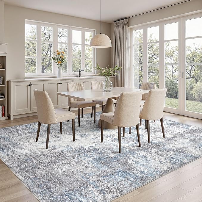 Washable 8X10 Area Rug: Modern Abstract Soft Non-Slip Indoor Rugs Home Decor - Low Pile Stain Resistant Foldable Carpet for Living Room Bedroom Dining Room Playroom Office(Blue Grey,8'x10')