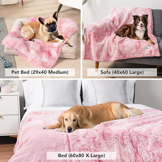 PetAmi Waterproof Dog Blanket for Large Dog, Calming Pet Blanket Bed Couch Cover Protector, Washable Sherpa Faux Fur Throw for Sofa Furniture Protection, Soft Fluffy 60x80 Tie-Dye Pink