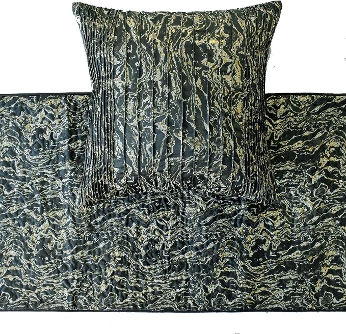 The HomeCentric King/Queen/Twin Black Decorative Bed Runner King 90"x18" Bed Runner with One Pillow Cover, Marble Pattern, Pintucks, Quilted Bed Scarf on Jacquard Fabric - Stellaris