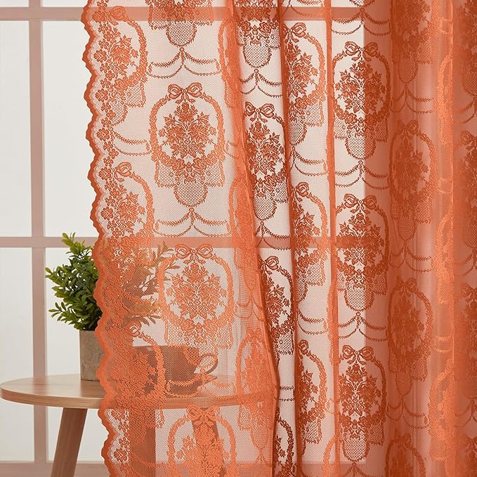 Burnt Orange Lace French Delicacy Curtains 96 Inches Long -Rod Pocket Luxury Vintage Bow Butterfly Sheer Flower Lace Curtains for Living Room Bedroom，52 x 96 Inch, 2 Panels