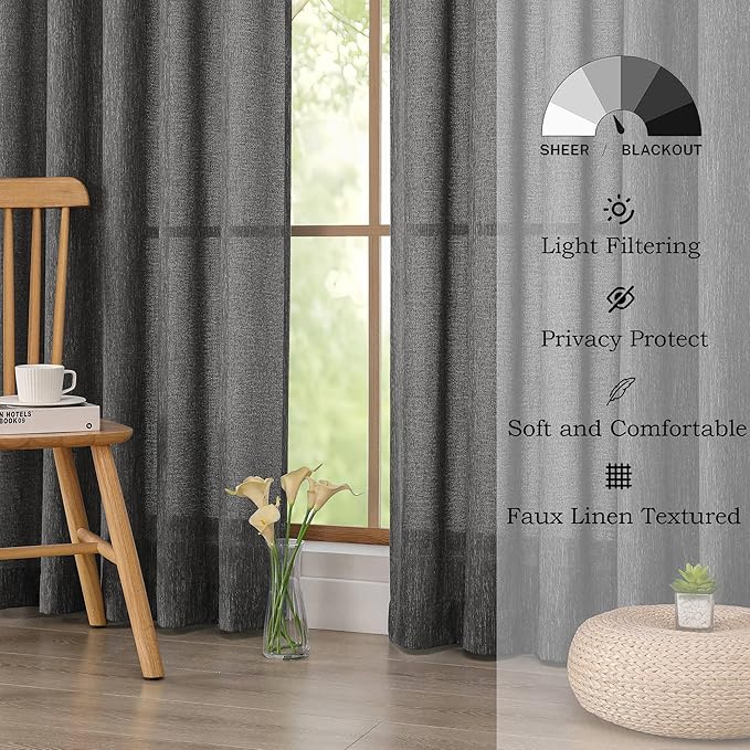 Simplebrand Grey Semi Sheer Faux Linen Textured 120 Inches Long Curtains 2 Panels Set, Privacy Farmhouse Window Drapes for Living Room/Birthday Party/Hallway Window Guest Room, 10FT, 50 x 120 Inch