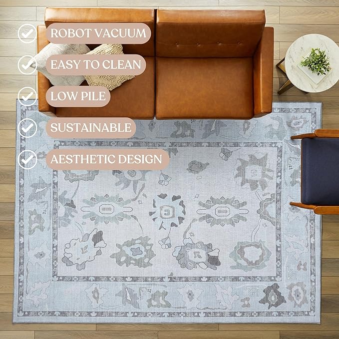Fame Living Cream Beige Oushak Rug, Modern, Vintage, Turkish, Eclectic, Floral, Pastel, Washable, Area Rugs for Living Room, Dining, Bedroom, Office, Entryway, Foyer, Playroom, Nursery, 5'x6'9"