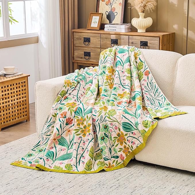 Beige Boho Throw Blanket, 100% Cotton Blankets for Couch Bed, 90"x98"Cotton Quilt Travel Muslin Blankets Farmhouse Home Decor Soft Lightweight Picnic Blanket for Summer