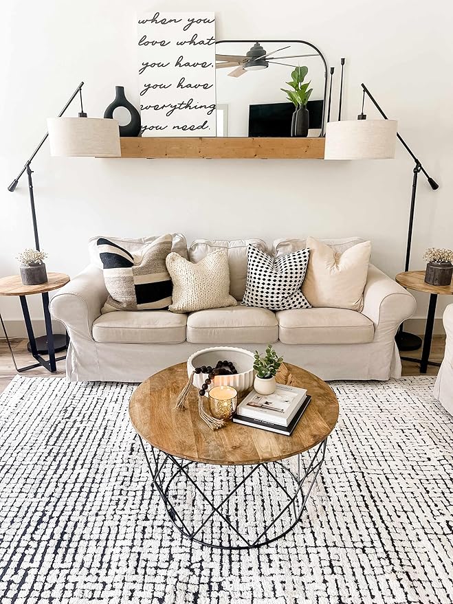 Hauteloom Keita Contemporary Mosaic Area Rug - High Pile Fluffy Soft Shag Carpet for Living Room, Bedroom - Black and White - 6'7" x 9' (6x9)
