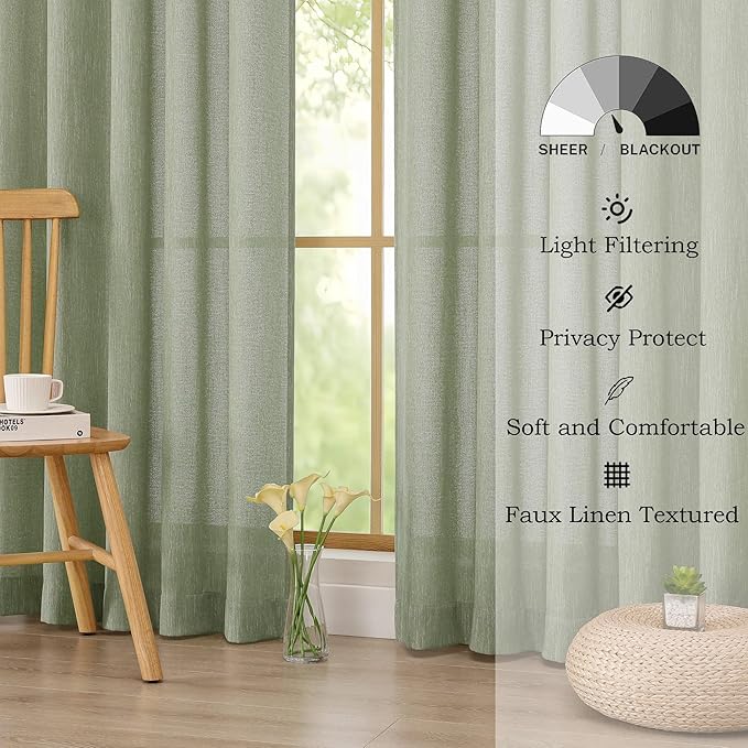 Simplebrand Sage Green Short Faux Linen Textured Cafe Kitchen Curtains 36 Inch Length 2 Panels, Over Sink Semi Sheer Farmhouse Light Filtering Panels Rod Pocket Drapes for Bathroom Window, 40W x 36L