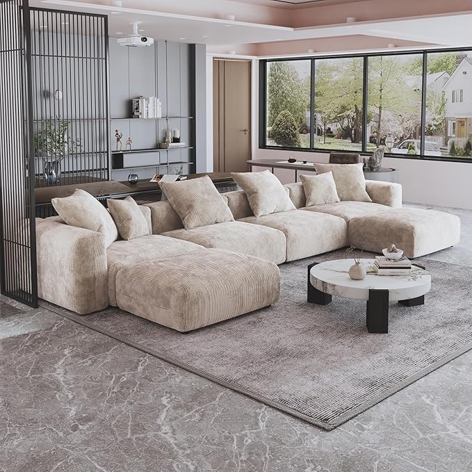 JACH 181" Oversized Modular Sectional Sofa, U-Shaped Deep 4-Seats Sectional Couch with Chaise Ottomans, Huge Plus Convertible Soft Sofas, Corduroy Minimalist Couches for Living Room, Apartment, Beige