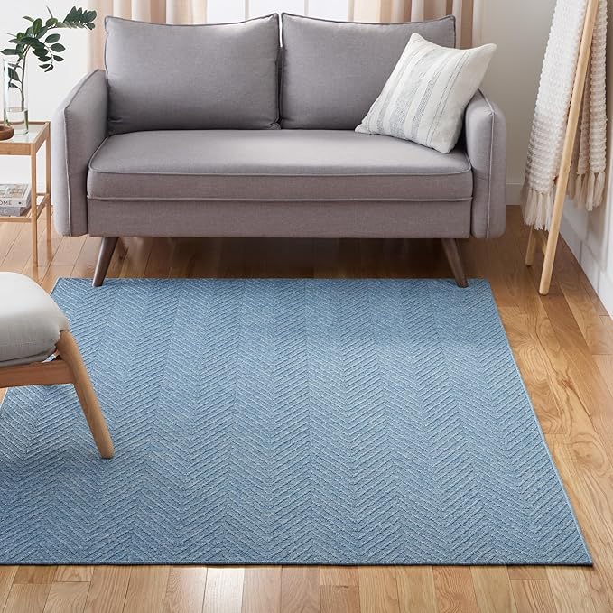 TOWN & COUNTRY BASICS Pax Herringbone Textured Solid Everwash® Washable Area Rug, Low Pile, Non-Slip Backing, Easy Clean Pet & Family Friendly Rug, Blue, 4'11"x7'