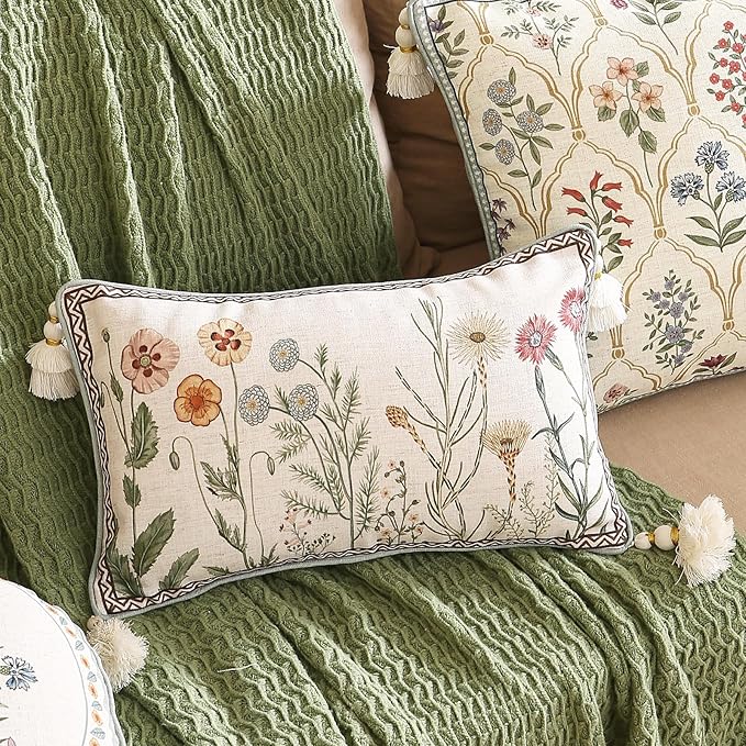 ISAENNE Design Linen Throw Pillow Covers 12"x20" Pack of 2, Lumbar Farmhouse Cushion Covers with Yellow Purple Watercolor Wildflower Pattern Decor Pillowcases for Bed,Living Room,Outdoor,Car