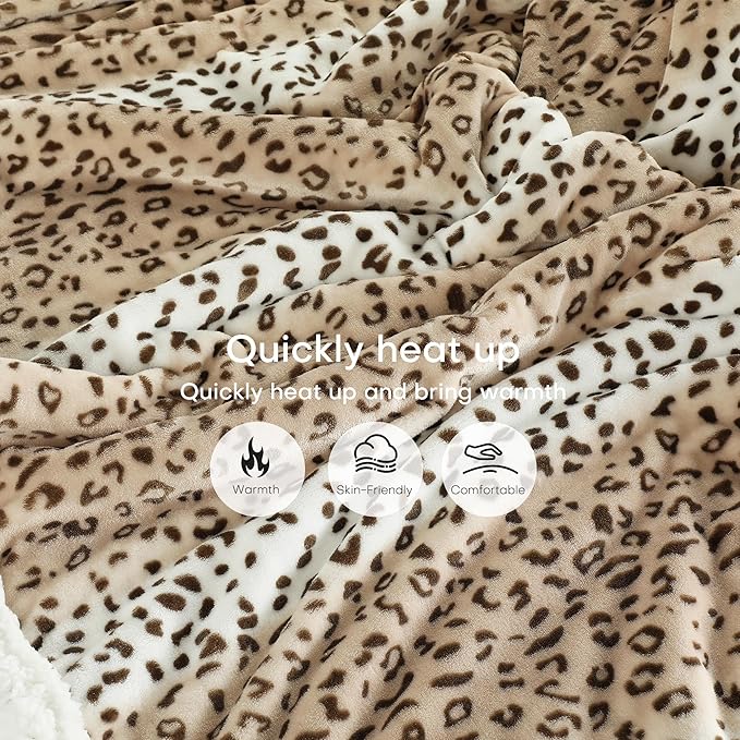 Electric Heated Blanket Throw Size 50"x60" - Dual-Sided with Microplush & Sherpa Fabric, 4 Heat Settings & 3 Hours Auto Off - Beige Leopard Print