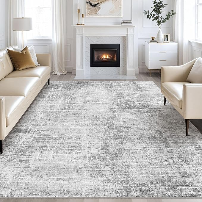 Abstract Living Room Rug 10x14 - Modern Washable Soft Thin Area Rug for Living Room Bedroom Under Dining Table - Neutral Indoor Floor Rug Carpets for Home Office Playroom Nursery - Grey White