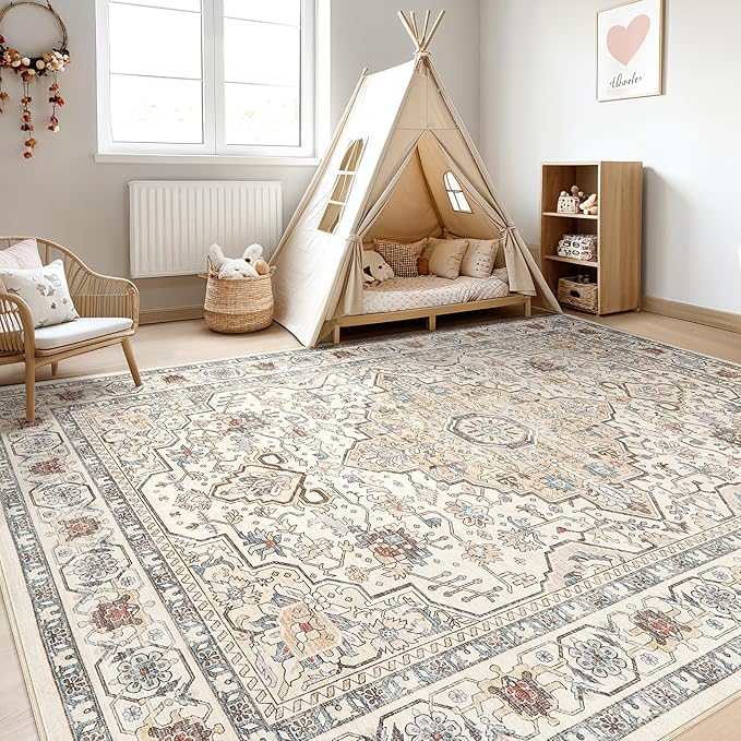 8x10 Area Rugs Living Room: Washable Boho Large Neutral Vintage Soft Rug Stain Resistant Farmhouse Non Slip Indoor Floor Carpet for Bedroom Nursery Kids Playroom Office Dining Room- Cream Blue