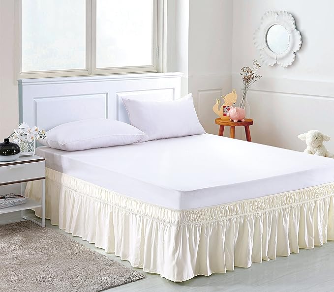 MEILA Wrap Around Bed Skirt Three Fabric Sides Elastic Dust Ruffled 14 Inch Tailored Drop,Easy to Install Fade Resistant-Ivory, Queen/King