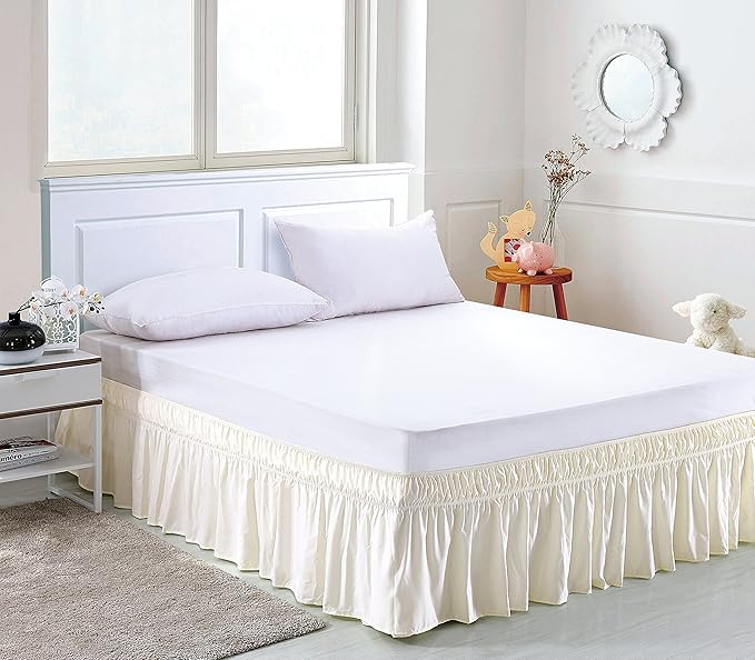 MEILA Wrap Around Bed Skirt Three Fabric Sides Elastic Dust Ruffled 24 Inch Tailored Drop,Easy to Install Fade Resistant-Ivory, Twin/Full
