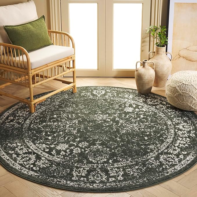 SAFAVIEH Adirondack Collection Area Rug - 4' Round, Dark Green & Ivory, Distressed Vintage Floral Design, Non-Shedding & Easy to Clean, Ideal for Living Room, Bedroom, Dining Space (ADR109Y)