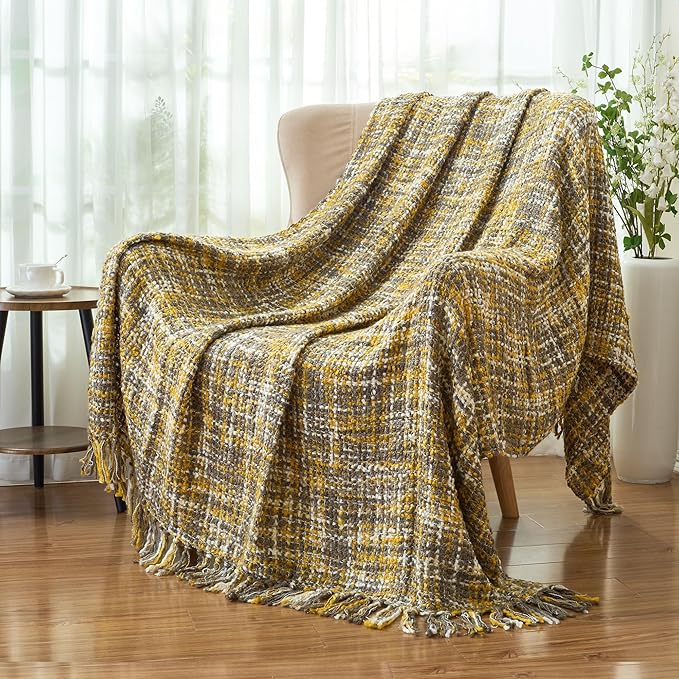 Multi-Color Gold Cable Knitted Throw Blanket for Couch,50"X60" Boho Style Textured Blankets for Home Decor,Super Soft Warm Cozy Chunky Knit Blanket with Decorative Tassels for Bed and Sofa