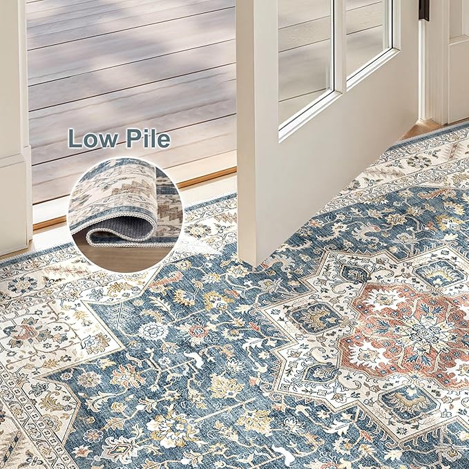 Vintage Entryway Area Rug 2x3 - Large Soft Washable Oriental Traditional Distressed Farmhouse Rugs for Bedroom - Indoor Floor Accent Carpet for Home Office House Decor - Blue