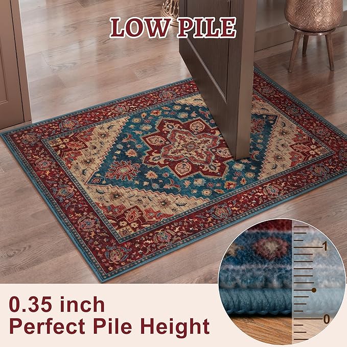 Tangsoo 3x5 Washable Rug, Oriental Indoor Area Rugs, Vintage Non Slip Accent Rug, Print Distressed Boho Red Carpet, Soft Low Pile Rugs for Living Room Dorm Bedroom Bedside Entryway Bathroom