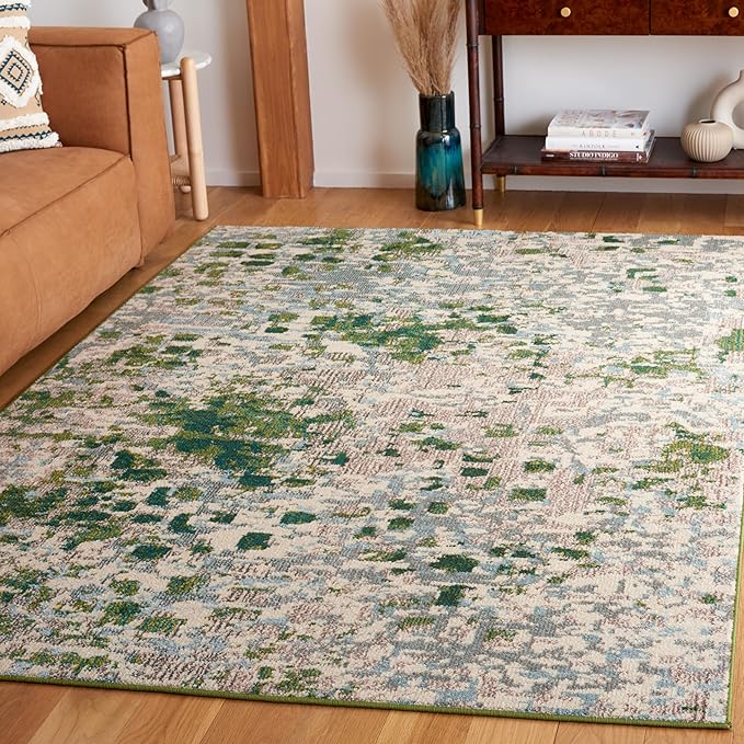 SAFAVIEH Monaco Collection Area Rug - 6'7" Square, Green & Blue, Abstract Watercolor Design, Non-Shedding & Easy Care, Ideal for High Traffic Areas in Living Room, Bedroom, Dining (MNC225Y-7SQ)