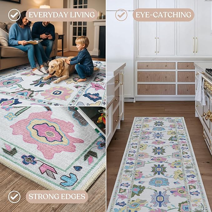 Fame Living Colorful Oushak Runner Rug, Modern Runners, Turkish, Eclectic, Floral, Pastel, Washable, Small Throw Rugs, Short Runner for Hallway, Entryway, Foyer, Bedroom, Kitchen, Bathroom, 2'5"x6'5"