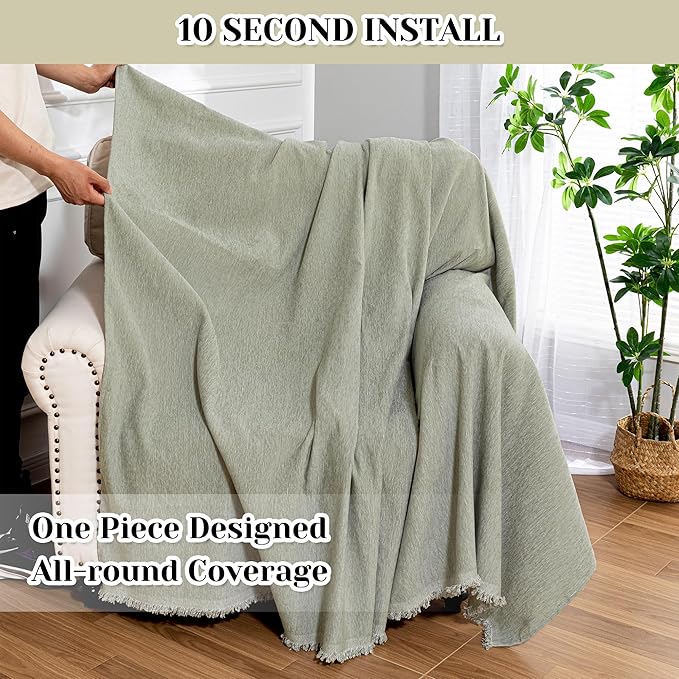 MEETSKY Green Sofa Covers Armchair Single Couch Cover for Dogs Throw Couch Cover with Tassel Chair Recliner Futon Cover Washable 1 Cushion Couch Chenille Couch Protector, 71"x 91"