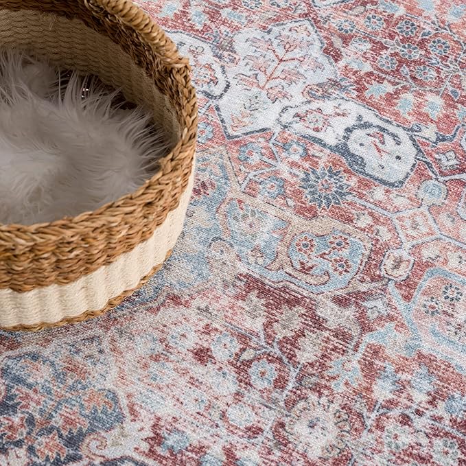 Bloom Rugs Caria Washable Non-Slip 9x12 Rug - Brick/Dark Blue Traditional Area Rug for Living Room, Bedroom, Dining Room, and Kitchen - Exact Size: 9' x 12'