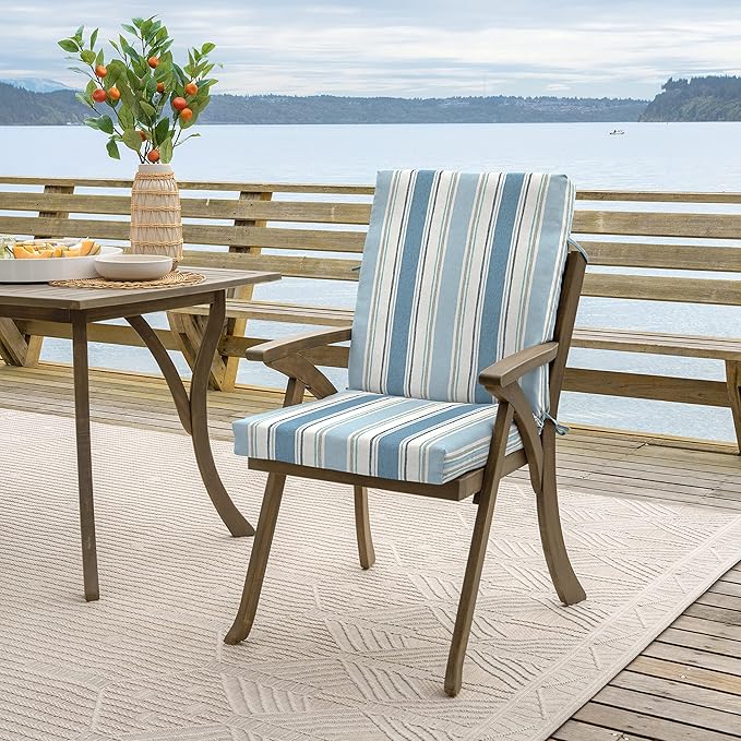 Arden Outdoor Dining Chair Cushion, 20 x 20, Rain-Proof, Fade Resistant, French Blue Linen Stripe