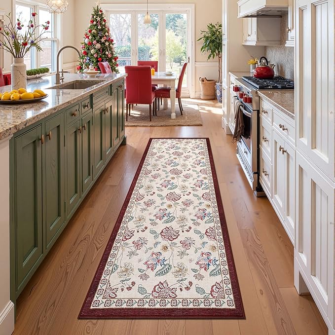 jinchan Elora 3x10 Floral Runner Rug for Hallway Washable Runner Vintage Romance Christmas Design Non Slip Thin Indoor Floor Cover Low-Profile Throw Carpet for Entryway Bathroom Bedroom, Red/Beige