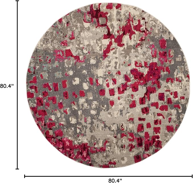 SAFAVIEH Monaco Collection Area Rug - 6'7" Round, Grey & Fuchsia, Boho Chic Abstract Watercolor Design, Non-Shedding & Easy Care, Ideal for High Traffic Areas in Living Room, Bedroom (MNC225R)