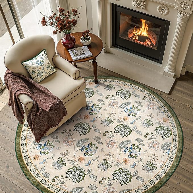 jinchan Elora 5ft Floral Round Rug for Entryway Washable Rug Vintage Romance Christmas Design Non Slip Indoor Doormat Lightweight Low-Profile Throw Carpet for Living Room Dining Room, Green/Beige