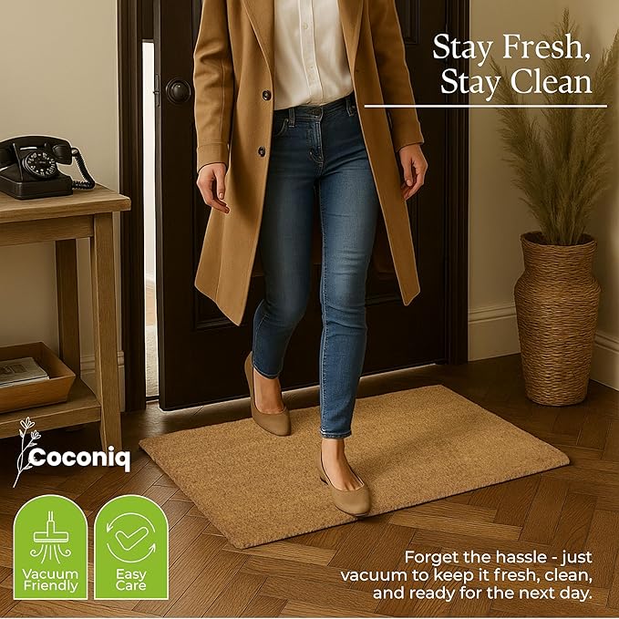 Coir Door Mats 17" X 30", Pack of 2, Non-Slip Sturdy, PVC Backed, Heavy Duty, Easy to Clean, Ideal for Door Entrance, Patio, Porch, Backyard, Garages, Plain Mat