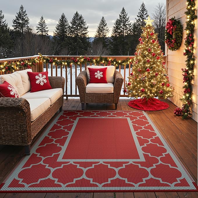 GENIMO 6' x 9' Outdoor Rug Waterproof for Patio Christmas Decor, Foldable Reversible Plastic Straw Area Rugs Mat for Camper, Outside Carpet for Rv, Deck, Porch, Picnic, Beach, Balcony, Red & Grey