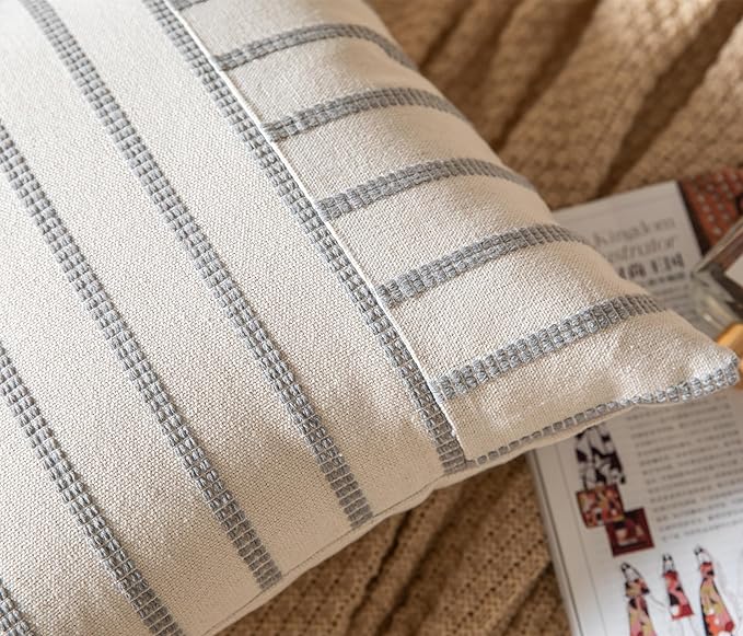 Caflife Boho Throw Pillow Covers 18x18 Set of 2 Soft Farmhouse Decorative Couch Pillow Cases Grey Striped Pillow Covers Neutral Cushion Covers for Sofa Bed Living Room Home Decor