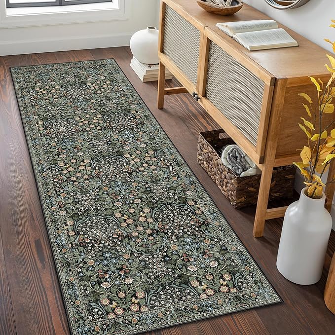 MUJOO Washable Runner Rug,Floral 2x6 Runners for Hallway Kitchen Bedroom Bedside Bathroom Laundry Room,Long Non Slip Throw Carpet Boho Indoor Botanical Vintage Ultra-Thin Black and Green