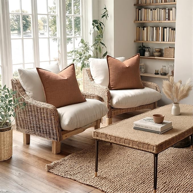 MIULEE Decorative Euro Sham Pillow Covers 26x26, 2 Pack Large Boho Farmhouse Neutral Throw Pillows for Bed, Terracotta Thick Textured Modern Linen Cushion Cases Couch Sofa Living Room Home Decor, Rust