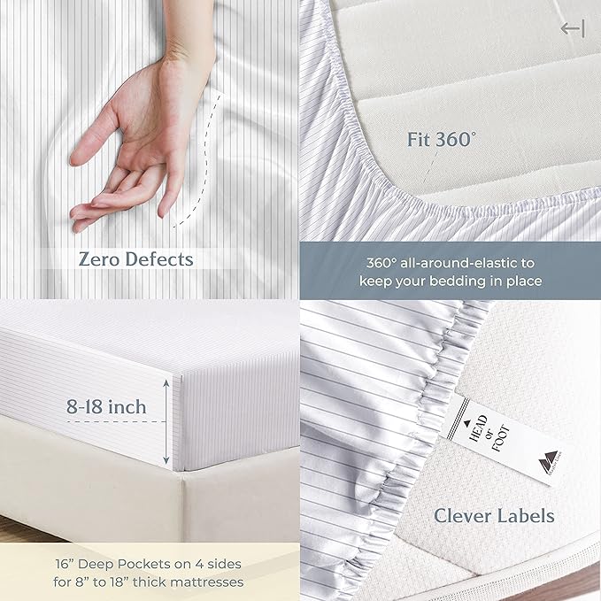 Mayfair Linen 100% Cotton Printed Bed Sheets Full Size Set - 500 Thread Count Cotton Sheets for Full Size Bed, 4 PC Set (Pinstripe - Light Grey), Soft, Cooling, Sateen Weave 16" Deep Pocket Bedsheet