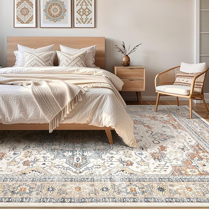9x12 Area Rug Living Room: Washable Boho Large Neutral Vintage Soft Rugs Stain Resistant Distressed Farmhouse Non-Slip Indoor Floor Carpet for Bedroom Nursery Kids Office Dining Room- Beige Blue