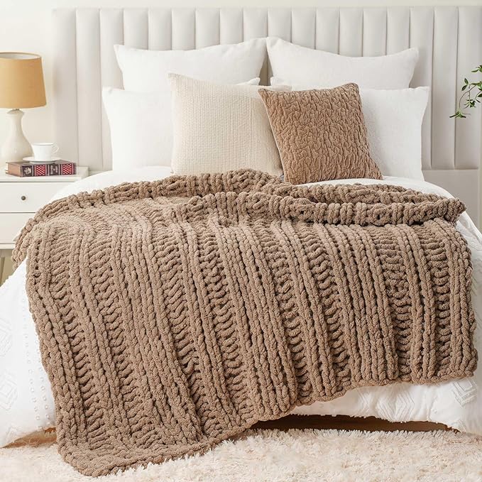 Battilo Beige Chunky Knit Throw Blanket for Couch, Super Soft Thick Warm Cable Knitted Blanket, Khaki Chenille Throw Taupe Blankets for Bed,Sofa, Living Room, 50"x60"