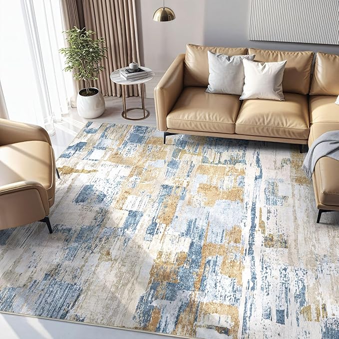 Abstract Living Room Rug 10x12 - Modern Washable Soft Thin Area Rug for Living Room Bedroom Under Dining Table - Neutral Indoor Floor Rug Carpets for Home Office Playroom Nursery - Blue Gold