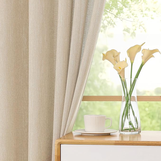 Simplebrand Natural Faux Linen Textured Semi Sheer Curtains 108 Inches Long 2 Panels for Living Room, Privacy Extra Long Light Filtering Farmhouse Thick Window Drapes for Large Window, 50 x 108 Inch