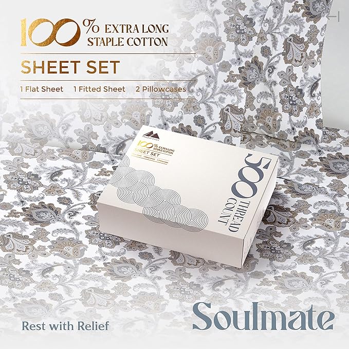 Mayfair Linen 100% Cotton Printed Bed Sheets Twin XL Set - 500 Thread Count Cotton Twin XL Sheets Only, 3 PC Set (Floral Ivory), Soft, Cooling, Sateen Weave 16" Deep Pocket Dorm Room Bedsheet