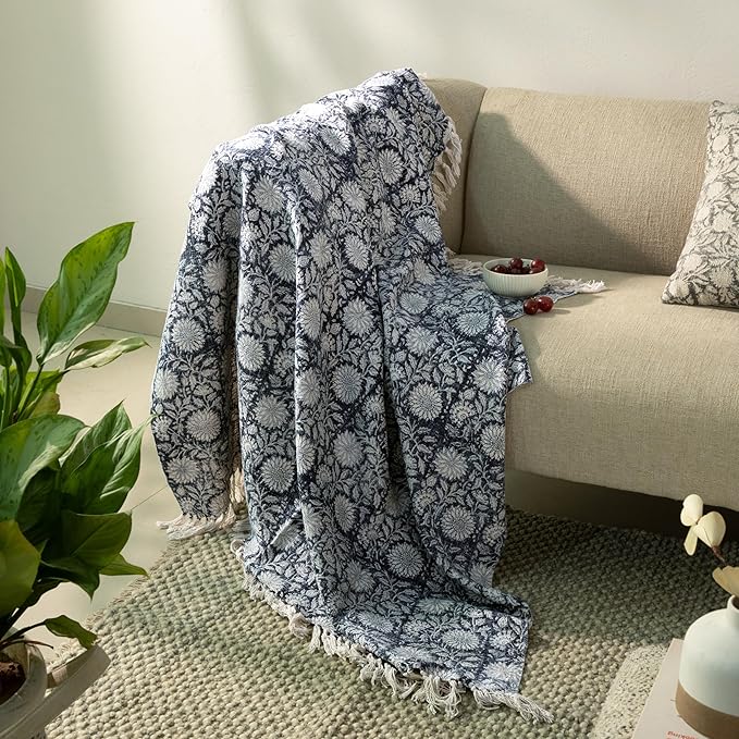 100% Pure Cotton Handblock Printed Throw Blanket, Soft 50" x 60" Fringed Floral Print Throw for Couch, Sofa, Chair, Bed - Cozy, Machine Washable, Comfortable Home Decor