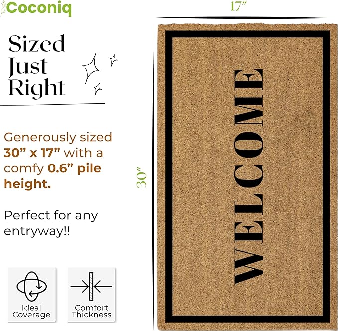 Coir Door Mats 17" X 30", Non-Slip Sturdy, PVC Backed Heavy Duty, Easy to Clean, Ideal for Door Entrance, Patio, Porch, Backyard, Garages, Welcome with Border